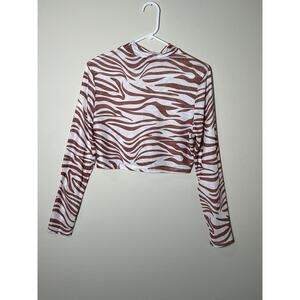 Y2K Zebra Print Mesh Crop Top-Long Sleeve Baby Tee- Festival Boho Grunge Size XL